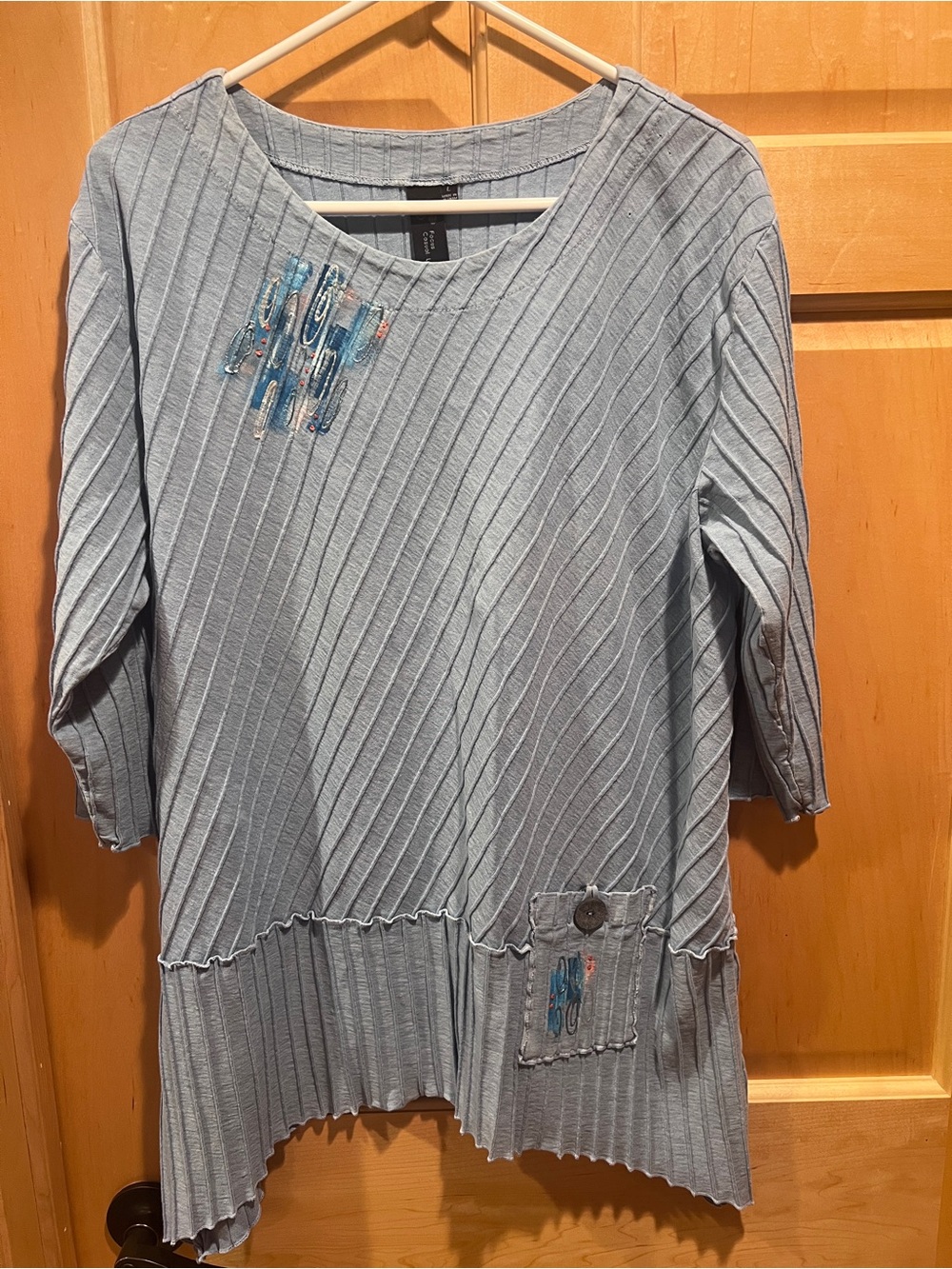 Focus Light Blue Tunic Blouse Top Women’s Lagenlook Asymmetric Ribbed Boho L